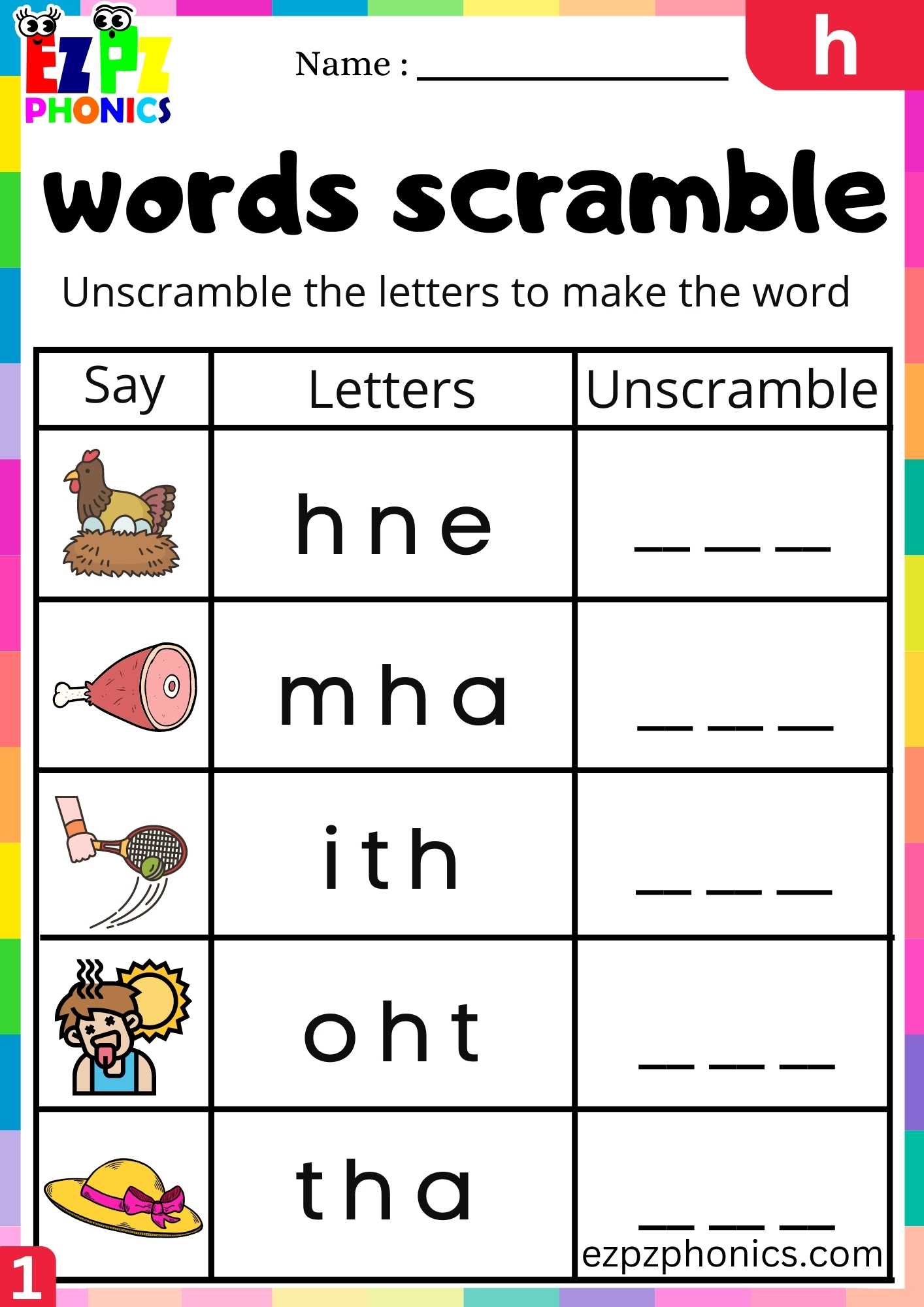 Letter H Words Scramble Beginning Sounds Worksheet